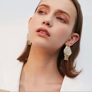 Gold Rhinestone Watch Statement Earrings
